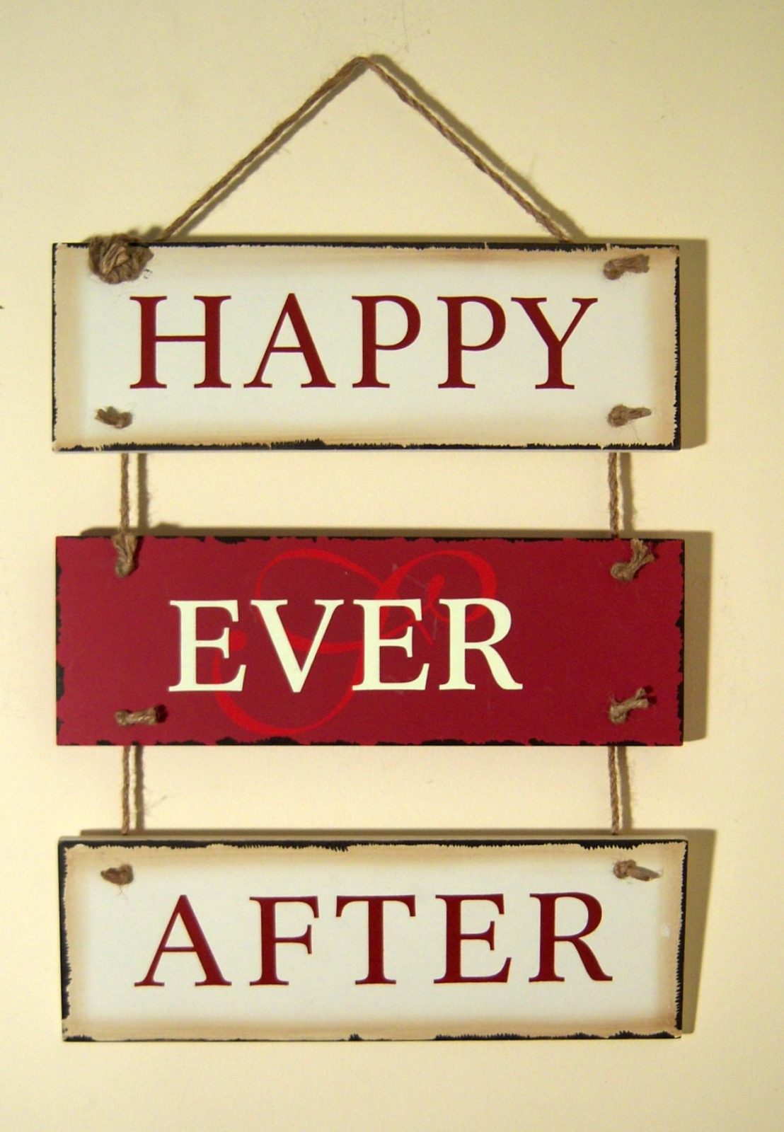 Vintage Style Wooden Red/Cream Hanging Wall Sign HAPPY EVER AFTER