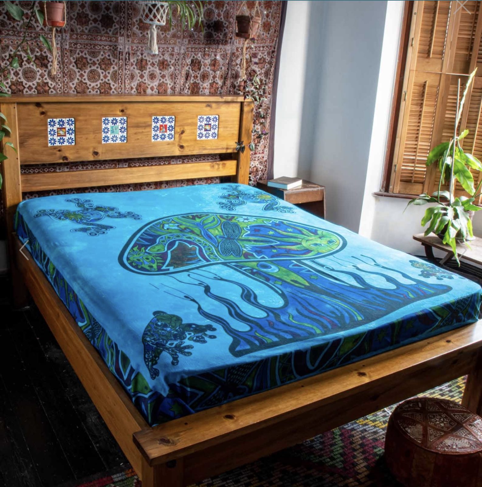 100% Cotton Blue Forest Mushroom Print Throw Bedspread 210×240 cms
