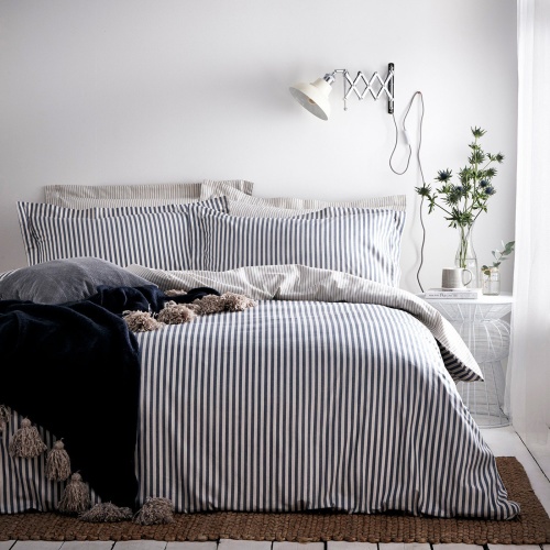 Cotton Navy/Grey Stripe Duvet Cover and Matching Pillow Cases