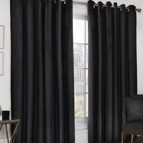 Deco Black Embossed Velvet Woven Thermal Blackout Eyelet Curtains Pair Set 220x220cms