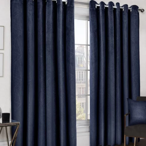 Deco Navy Embossed Velvet Woven Thermal Blackout Eyelet Curtains Pair Set 220x220cms